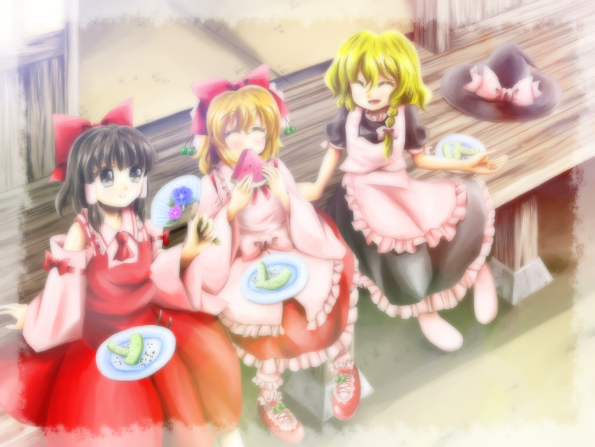 3girls, apron, black_hair, blonde_hair, braid, closed_eyes, detached_sleeves, dress