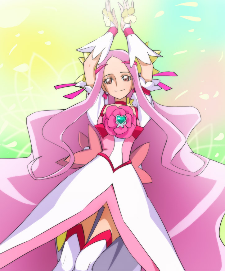 1girl, arms_up, cure_flower, flower, hanasaki_kaoruko, haruyama_kazunori, heart, heartcatch_precure!