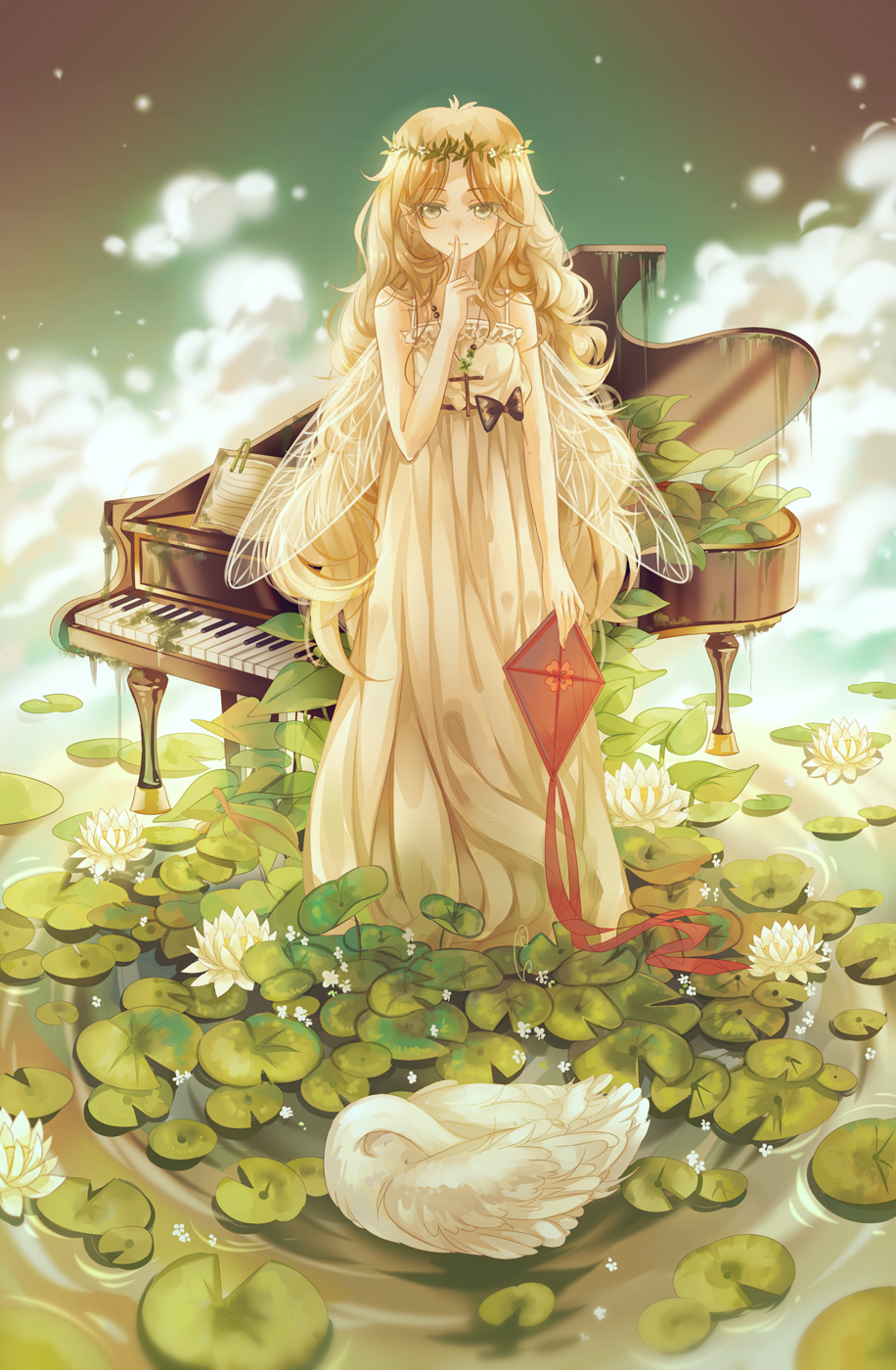 1girl, bird, blonde_hair, commentary, cross, cross_necklace, dress, fairy
