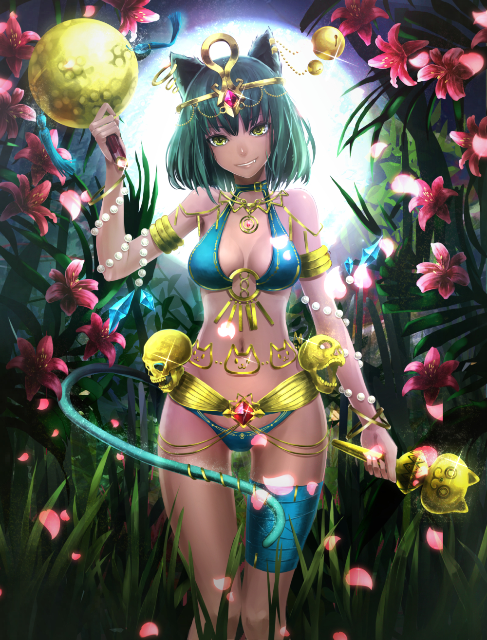 1girl, animal_ears, bikini, breasts, cat_ears, cat_tail, cleavage, crown