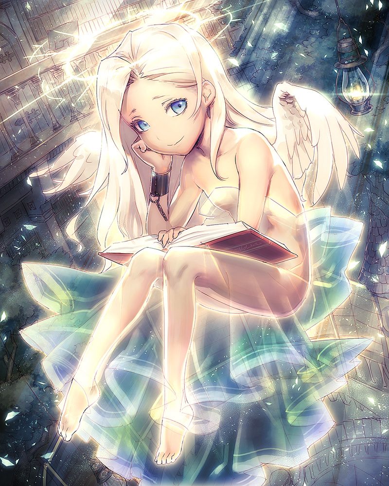 1girl, angel, angel_wings, bare_shoulders, barefoot, blonde_hair, blue_eyes, book, cuffs, halo, lantern, legs, library, long_hair, original, see-through, shackles, smile, solo, tagme, tako_(pixiv8535), wings