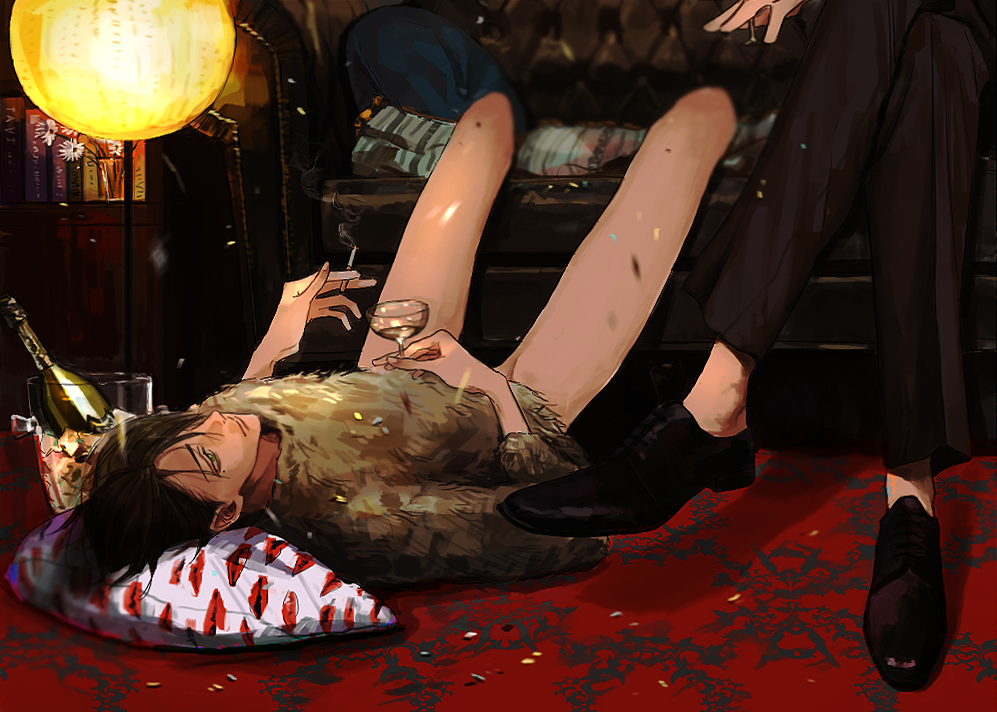 2boys, alcohol, birthmark, blanket, bookssl, brown_hair, cigarette, confetti