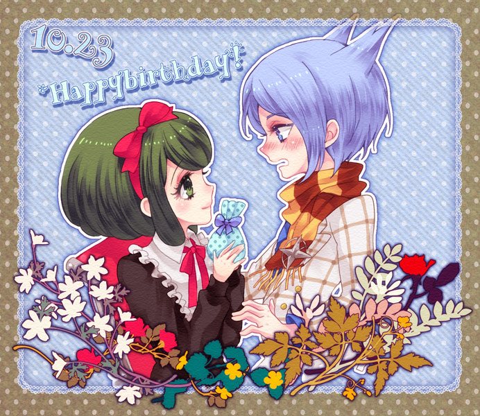 1boy, 1girl, blue_eyes, blue_hair, blush, dangan_ronpa, green_eyes, green_hair
