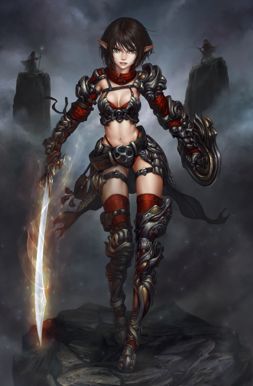 1girl, armor, bikini_armor, blue_eyes, breasts, brown_hair, cleavage, elf