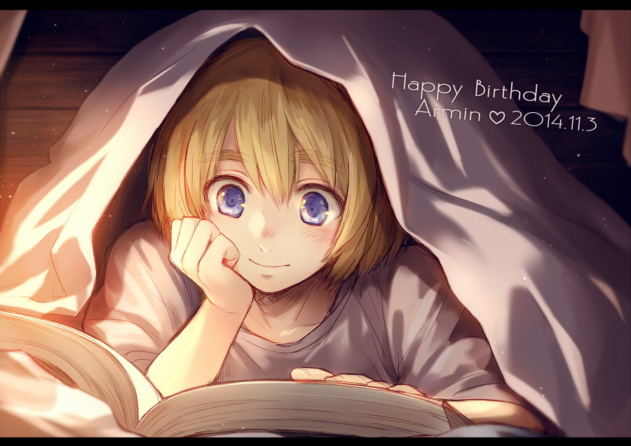1boy, armin_arlert, bed_sheet, blonde_hair, blue_eyes, blush, book, character_name