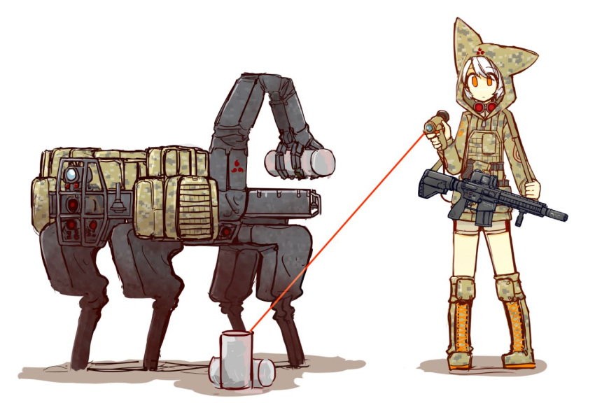 1girl, :<, animal_hood, bigdog, boots, camouflage, can, cross-laced_footwear, goggles, goggles_around_neck, gun, holding, hood, hoodie, long_sleeves, meijou_inurou, military, military_uniform, no_nose, orange_eyes, original, shadow, short_hair, simple_background, solo, thigh-highs, uniform, weapon, white_background, white_hair, zettai_ryouiki
