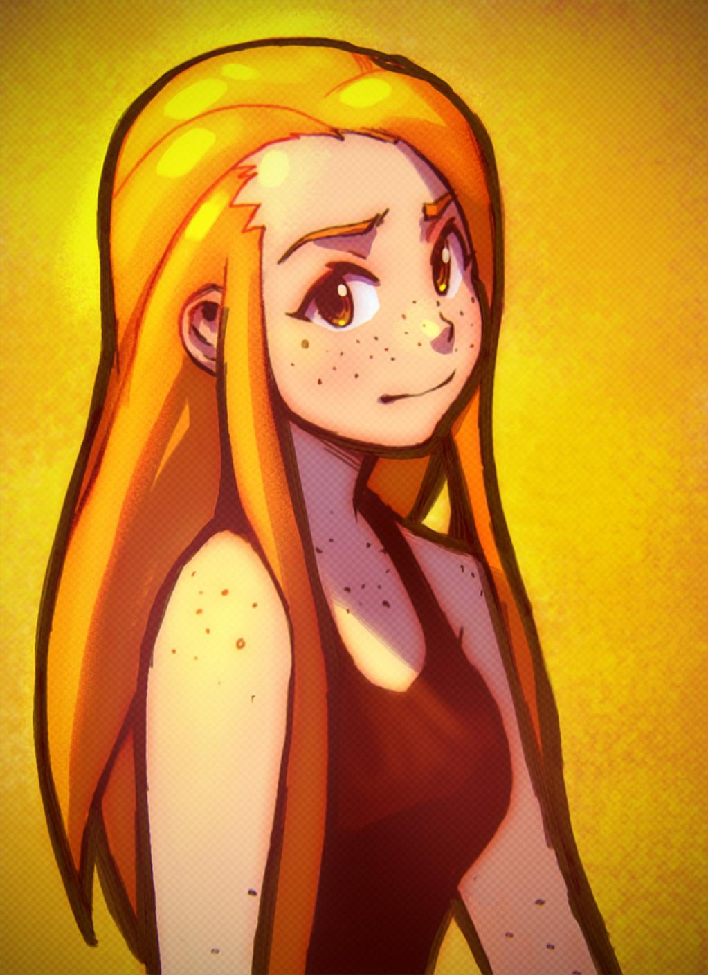 1girl, alternate_hairstyle, cryamore, esmyrelda_maximus, forehead, freckles, hair_down, highres