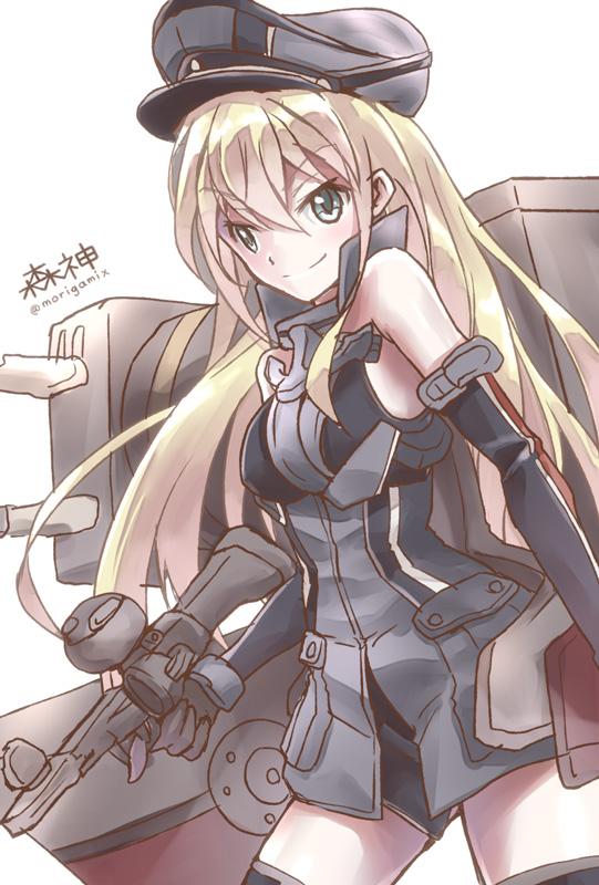 1girl, bismarck_(kantai_collection), blonde_hair, blouse, blue_eyes, breasts, cannon, chestplate