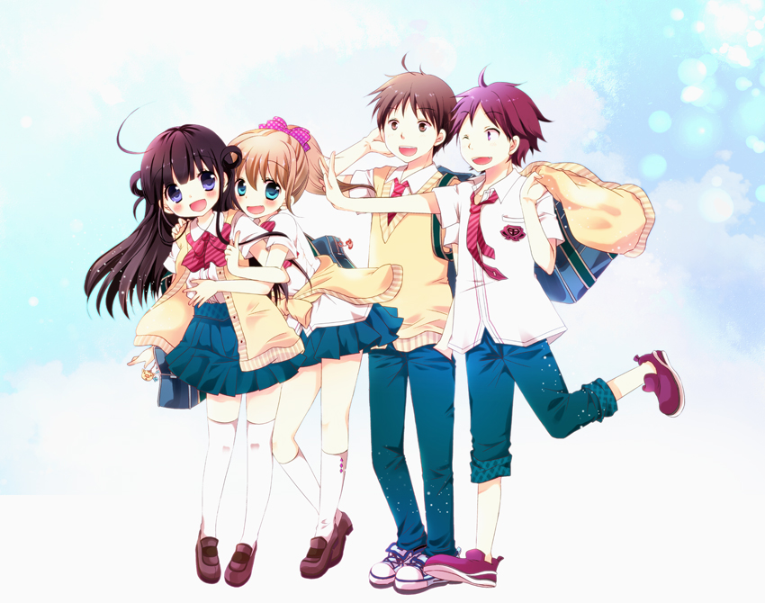 2boys, 2girls, ahoge, black_hair, bokukoi_conductor, brown_hair, green_eyes, koujou_karen