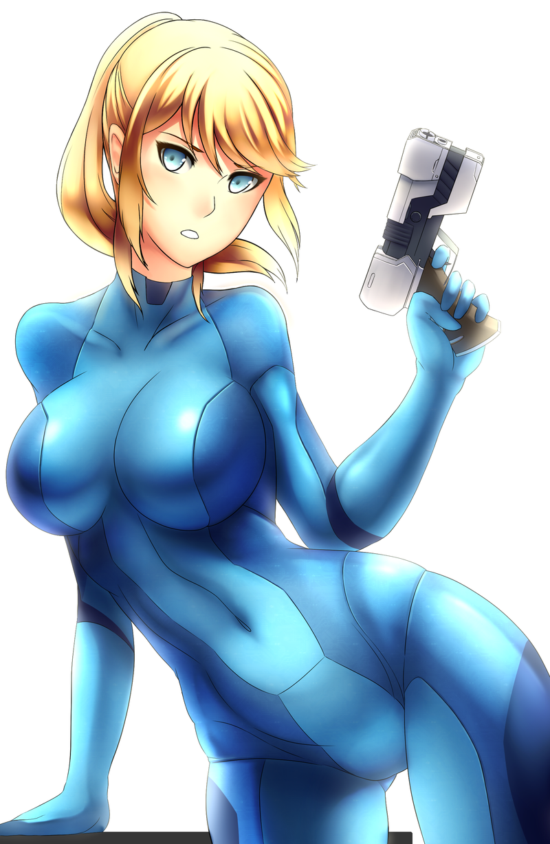 1girl, blonde_hair, blue_eyes, bodysuit, breasts, deviantart_thumbnail, gun, highres