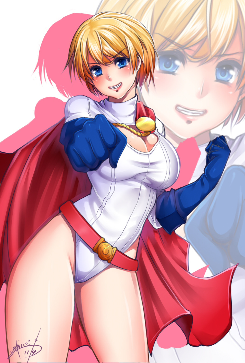 1girl, blonde_hair, blue_eyes, breasts, cape, cleavage, cleavage_cutout, dated
