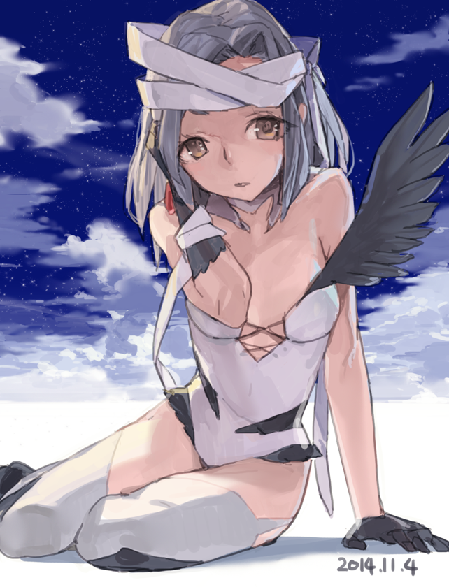1girl, bandages, bare_shoulders, black_gloves, brown_eyes, clouds, dated, gloves