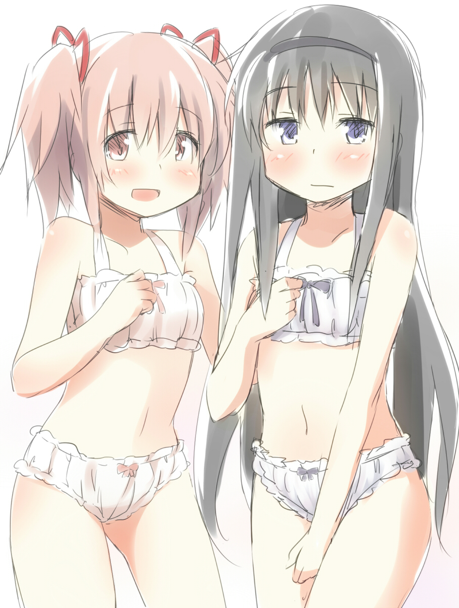 2girls, :d, akemi_homura, bare_shoulders, black_hair, blush, cinderella_bust, cowboy_shot