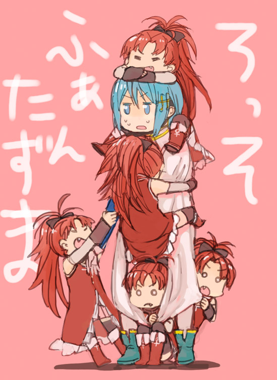 blue_eyes, blue_hair, bow, cape, chibi, clone, fang, fukutarou_(enji127)
