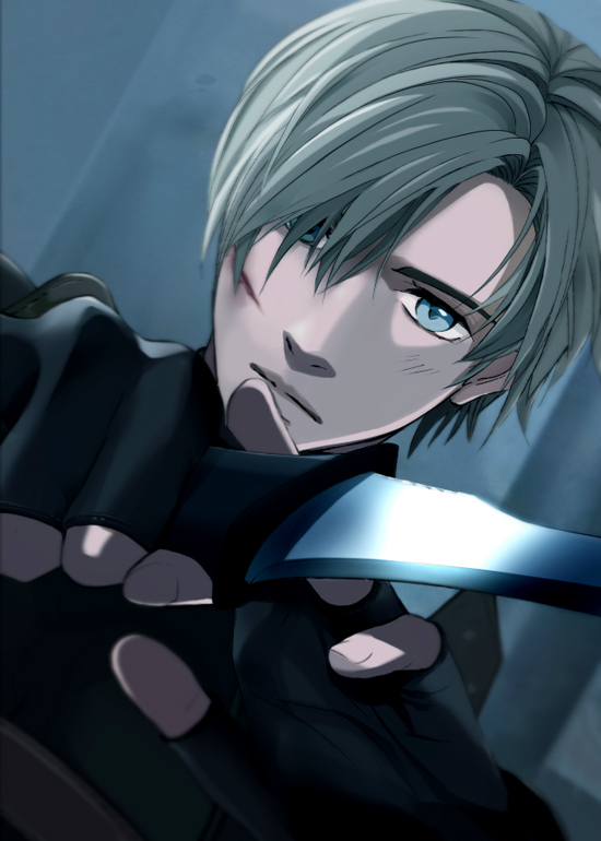 1boy, blonde_hair, blue_eyes, chiya_(sere1), fingerless_gloves, gloves, knife, leon_s_kennedy, resident_evil, resident_evil_4, scar, solo