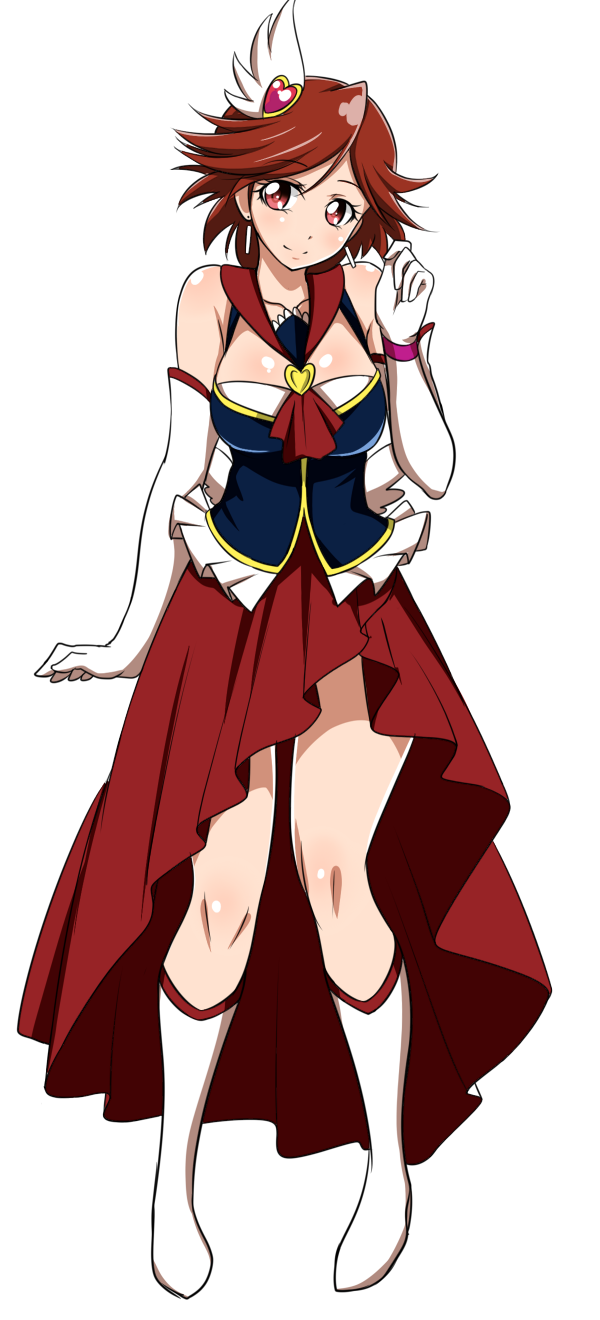 1girl, blush, breasts, cure_southern_cross, earrings, eyelashes, hair_ornament, happinesscharge_precure!, happy, highres, jabara921, jewelry, large_breasts, looking_at_viewer, magical_girl, precure, red_eyes, redhead, short_hair, simple_background, smile, solo, standing, tagme, white_background