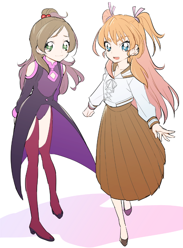 2girls, bishoujo_senshi_sailor_moon, blue_eyes, cosplay, crossover, female, green_eyes, green_hair, happy, houjou_hibiki, kino_makoto, kino_makoto_(cosplay), koshimizu_ami, kurochiroko, liebert_(majin_bone), liebert_(majin_bone)_(cosplay), long_hair, looking_at_viewer, majin_bone, minamino_kanade, multiple_girls, open_mouth, orange_hair, precure, school_uniform, seiyuu_connection, shirt, simple_background, sketch, skirt, smile, suite_precure, tagme, white_background