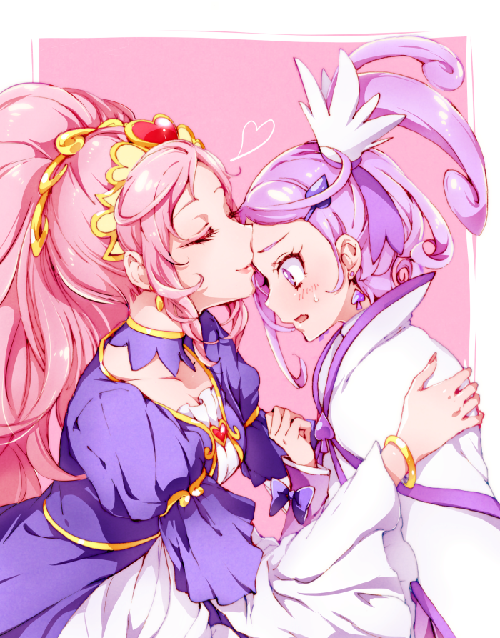 2girls, arm_warmers, blue_dress, blush, cape, chiyo_(rotsurechiriha), choker, closed_eyes
