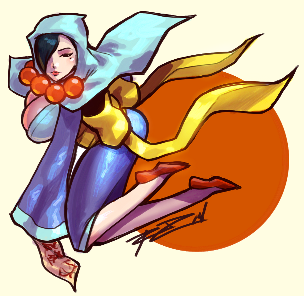 1girl, beads, black_hair, bow, breasts, flats, hair_over_one_eye, hood