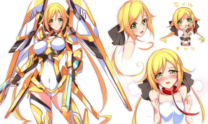 4girls, armor, black_skirt, blazer, blonde_hair, blush, chibi, collar, dual_wielding, gloves, green_eyes, gun, hair_ribbon, highres, leotard, long_hair, mecha_musume, minamon_(vittel221), multiple_girls, multiple_persona, ore_twintail_ni_narimasu, ribbon, shindou_erina, sketch, skirt, smile, tail_yellow, thigh-highs, twintails, weapon