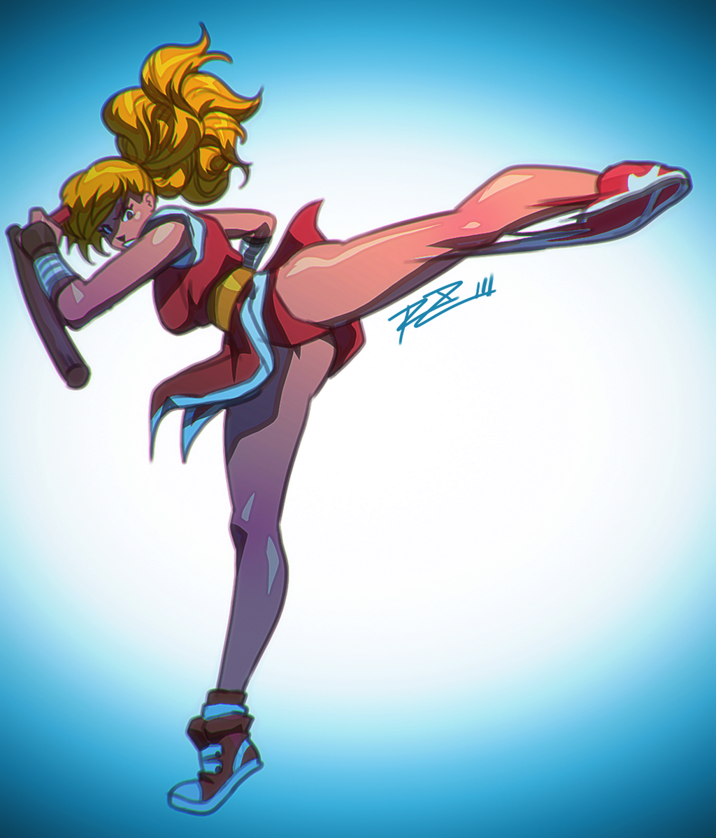 1girl, blonde_hair, breasts, final_fight, genryuusai_maki, kicking, long_hair, motion_blur