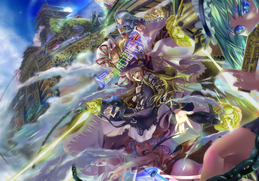 1boy, 5girls, blonde_hair, blue_eyes, blue_hair, breasts, brown_eyes, brown_hair