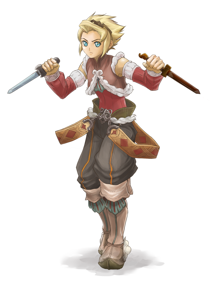 1boy, androgynous, blonde_hair, blue_eyes, boots, detached_sleeves, dual_wielding, fighting_stance
