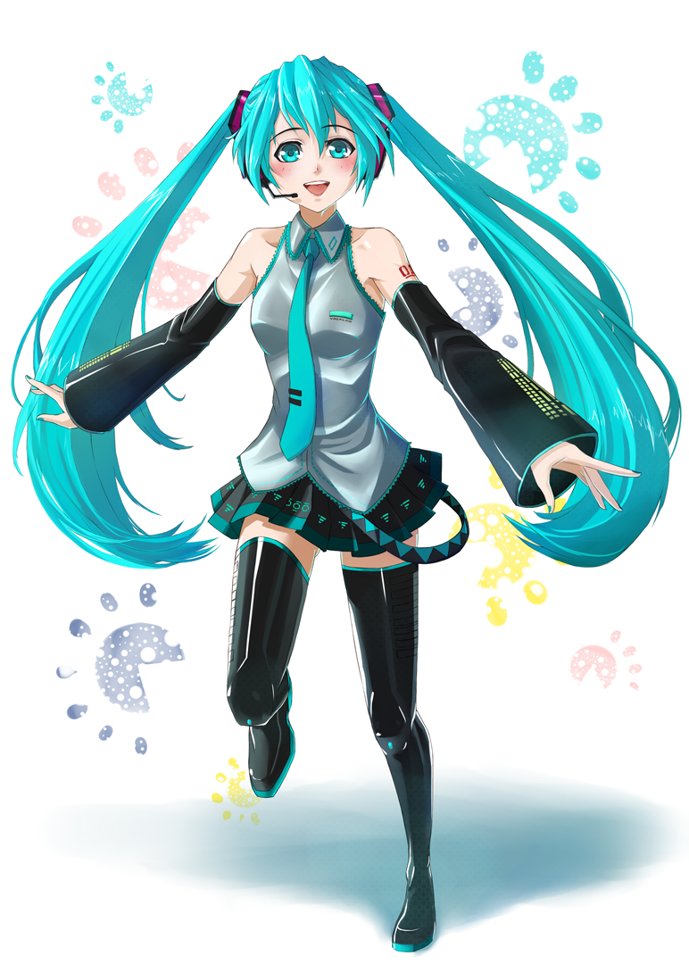 1girl, aqua_eyes, aqua_hair, aqua_nails, bare_shoulders, boots, breasts, detached_sleeves