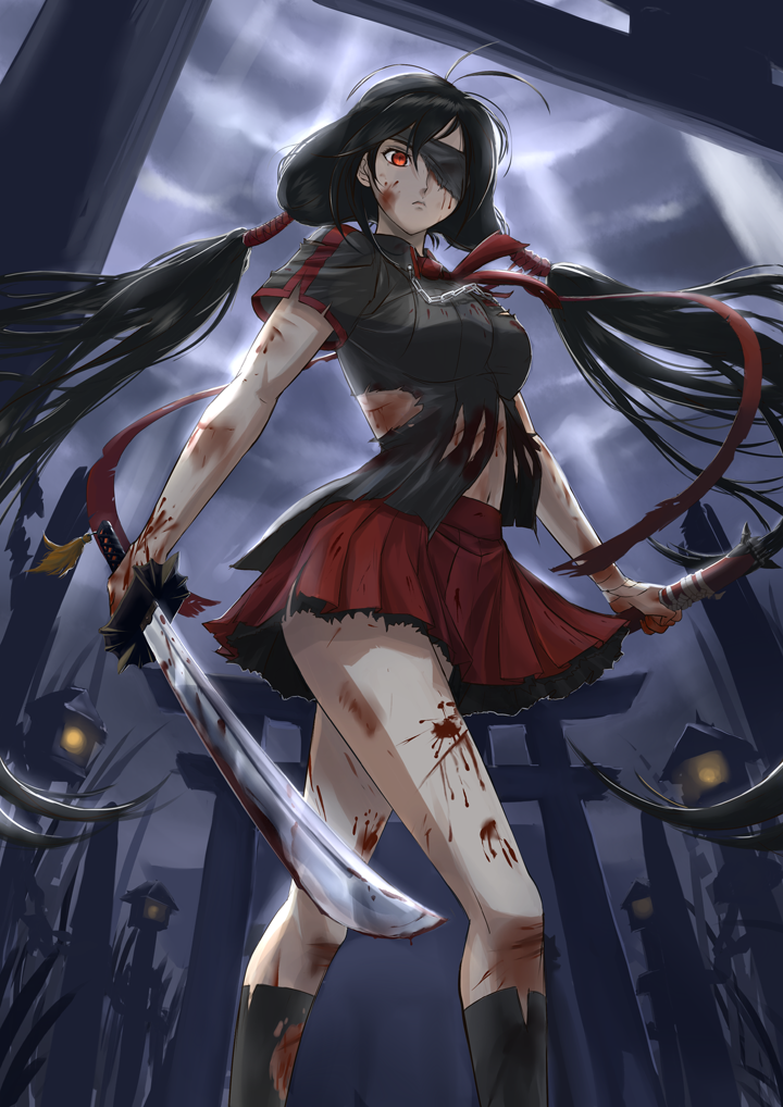 1girl, black_hair, blood, blood-c, blood_splatter, bloody_weapon, breasts, eyepatch