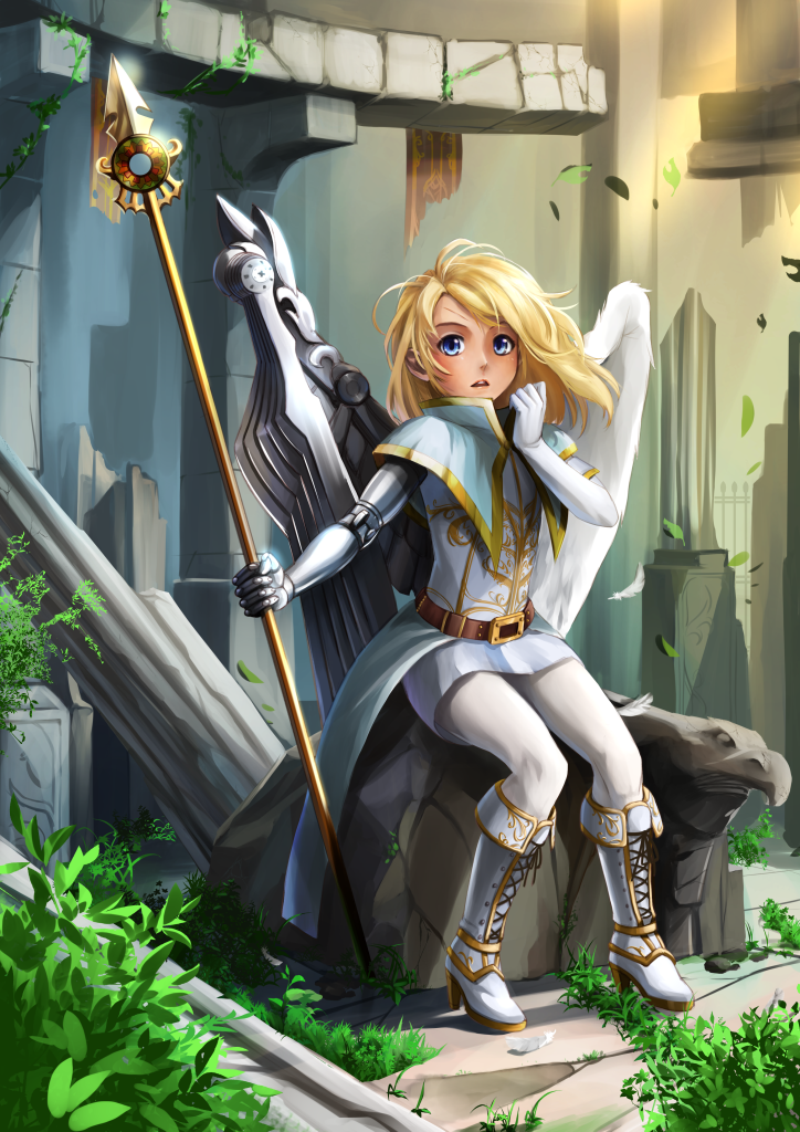 1girl, angel, angel_wings, asymmetrical_wings, blonde_hair, blue_eyes, boots, borrowed_character, capelet, cassie_(acerailgun), cyborg, feathers, jastersin21, leaf, long_hair, mechanical_arm, mechanical_wings, original, plant, polearm, ruins, sitting, solo, spear, weapon, wings