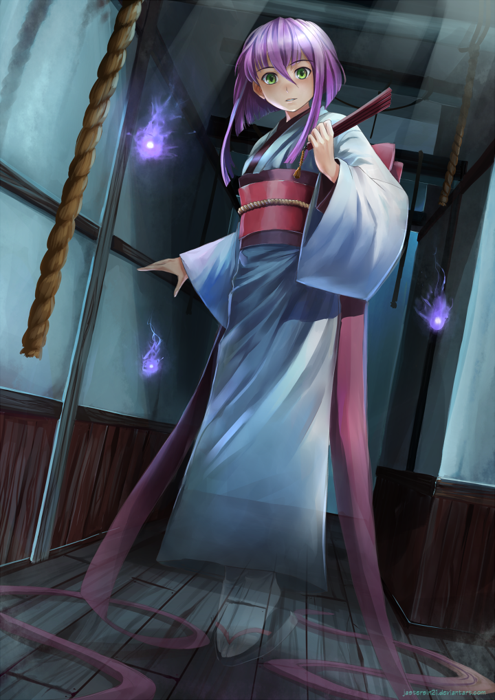 1girl, borrowed_character, fan, floating, folding_fan, ghost, green_eyes, hallway, hitodama, isabelle_(acerailgun), japanese_clothes, jastersin21, kimono, long_sleeves, original, purple_hair, rope, solo, transparent, wide_sleeves