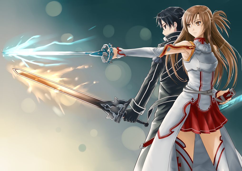 1boy, 1girl, asuna_(sao), back-to-back, black_eyes, black_hair, brown_eyes, brown_hair