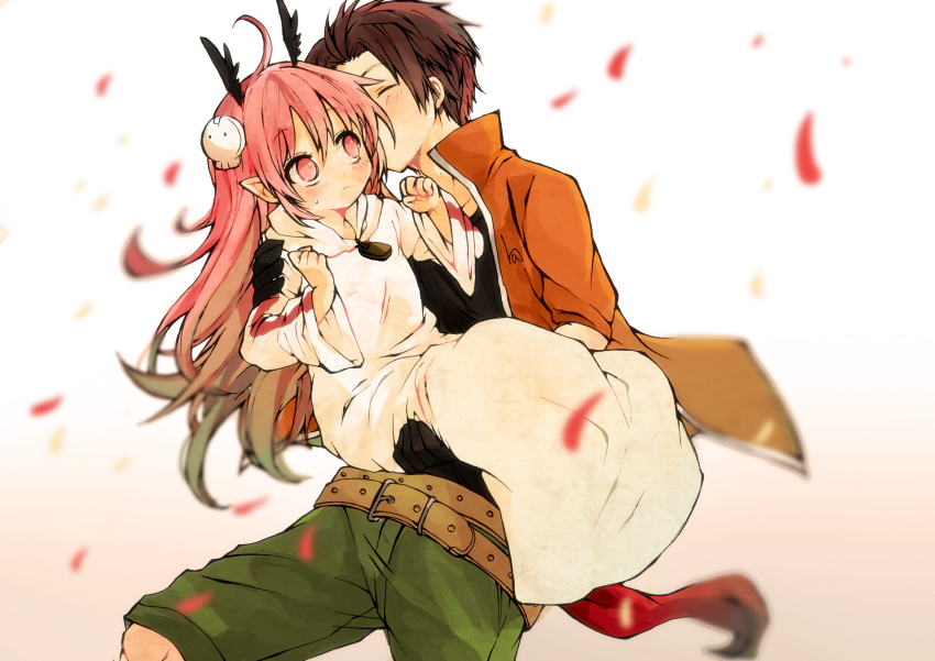 1boy, 1girl, alba_(senyuu), blush, brown_hair, carrying, closed_eyes, demon_girl, hair_kiss, head_wings, highres, kiss, long_hair, miya_(hinachan92), petals, pink_eyes, pink_hair, pointy_ears, princess_carry, ruki_(senyuu), sen'yuu., short_hair