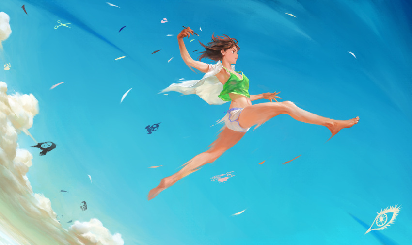 1girl, bare_legs, barefoot, blue_eyes, brown_hair, fine_art_parody, gas_mask, highres