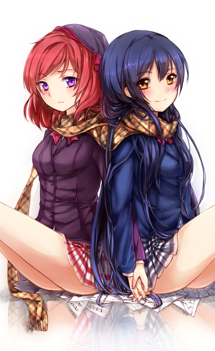2girls, blue_hair, brown_eyes, highres, holding_hands, long_hair, love_live!_school_idol_project, luoz