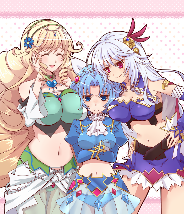 3girls, breasts, eleonora_viltaria, madan_no_ou_to_vanadis, midriff, multiple_girls, navel, soraneko_(artist), tagme