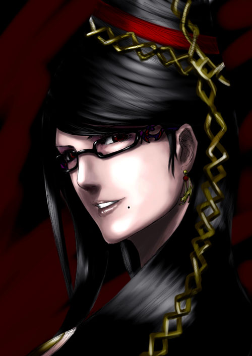 bayonetta, bayonetta_(character), black_hair, earrings, face, glasses, jewelry, kido, lips, lipstick, long_hair, makeup, mole, mugetsu2501, nose, red_eyes, solo, updo