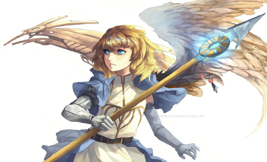 1girl, angel, angel_wings, asymmetrical_wings, blonde_hair, blue_eyes, borrowed_character, cassie_(acerailgun)