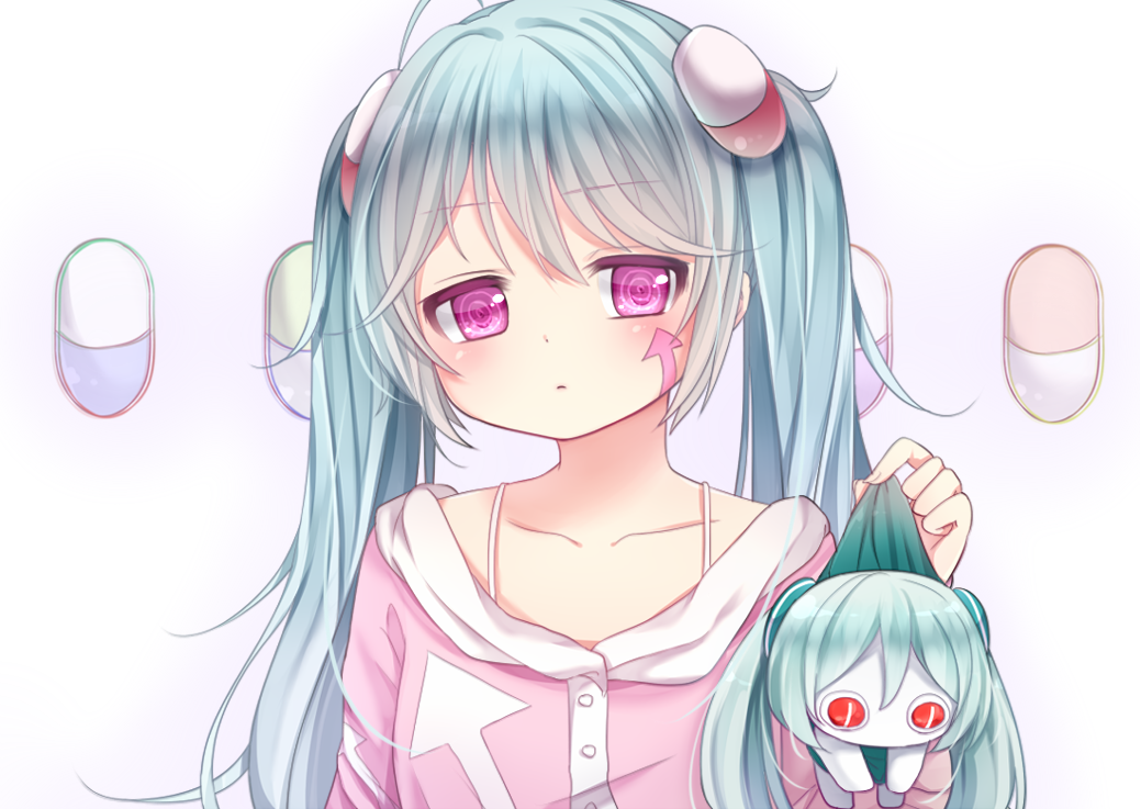 2girls, aimaina, aqua_hair, blush, buttons, chibi, collarbone, directional_arrow