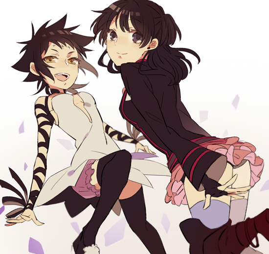 2girls, black_hair, blush, d.gray-man, kurumiwarin, lenalee_lee, multiple_girls, road_kamelot, short_hair, smile, thigh-highs, twintails, yellow_eyes