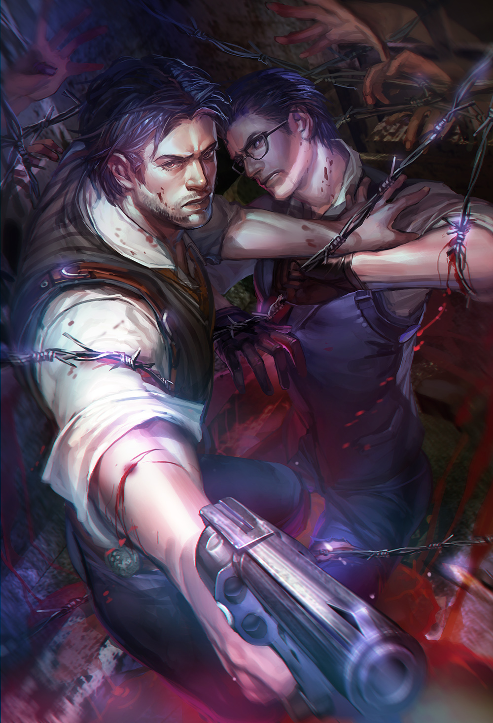 2boys, barbed_wire, black_hair, blood, facial_hair, gun, highres, joseph_oda