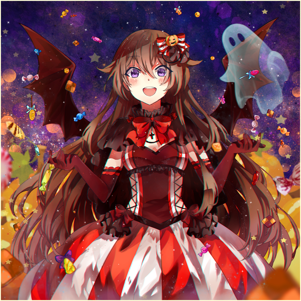 1girl, alice_(pandora_hearts), alternate_costume, blush, bow, brown_hair, candy, cross