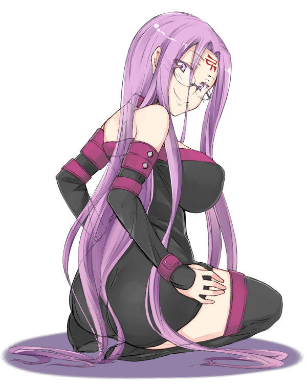 1girl, ass, bare_shoulders, black_legwear, breasts, fate/stay_night, fate_(series), glasses
