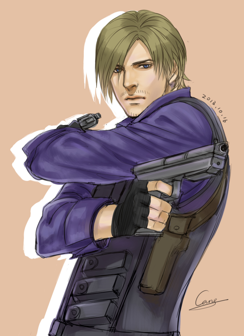 1boy, armpit_holster, artist_name, blonde_hair, blue_eyes, cang_fade, dated, dual_wielding