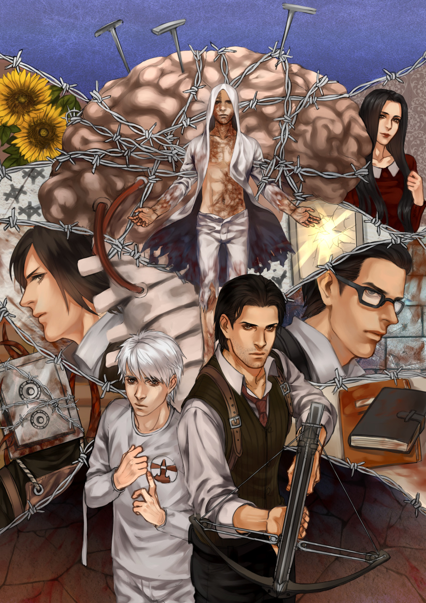 absurdres, barbed_wire, bow_(weapon), brain, cang_fade, crossbow, flower, highres