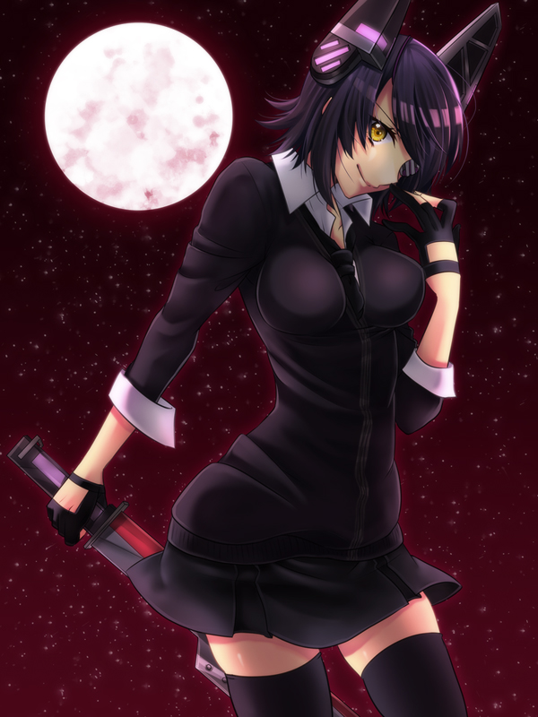 1girl, breasts, eyepatch, fingerless_gloves, full_moon, gloves, headgear, kantai_collection