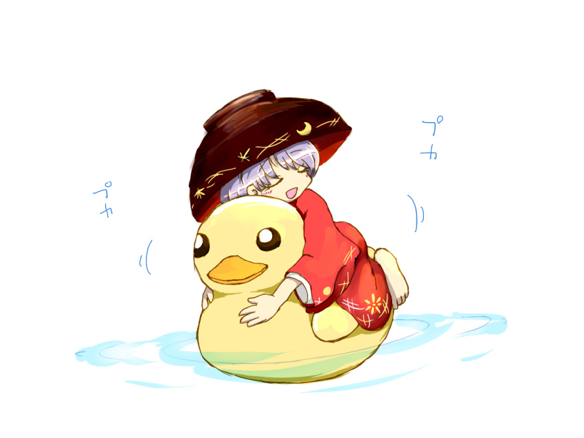 1girl, barefoot, bird, blush, bowl, closed_eyes, duck, full_body, huggle, japanese_clothes, kimono, long_sleeves, open_mouth, purple_hair, reishen, rubber_duck, short_hair, simple_background, solo, sukuna_shinmyoumaru, touhou, water, white_background, wide_sleeves