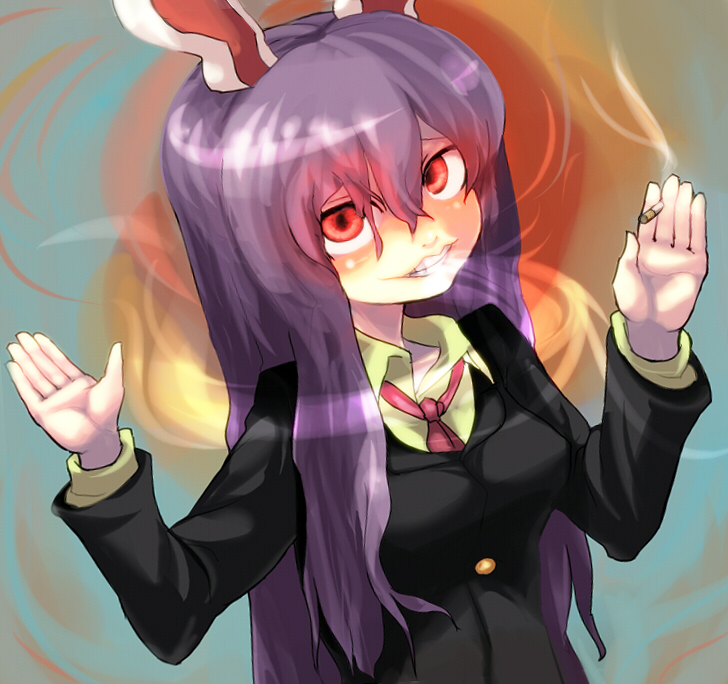 1girl, blazer, bunny_ears, cigarette, glowing, glowing_eyes, hospital_king, long_hair, motonarisama, necktie, purple_hair, rabbit_ears, red_eyes, reisen_udongein_inaba, smoking, solo, touhou, yukkuri_shiteitte_ne