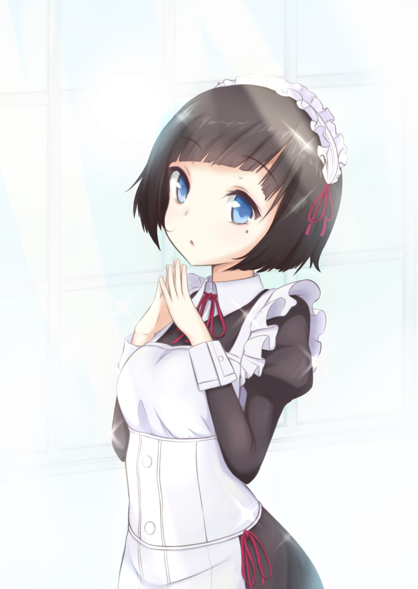1girl, ayuha_taito, black_hair, blue_eyes, highres, kujou_miyuki, maid, maid_headdress