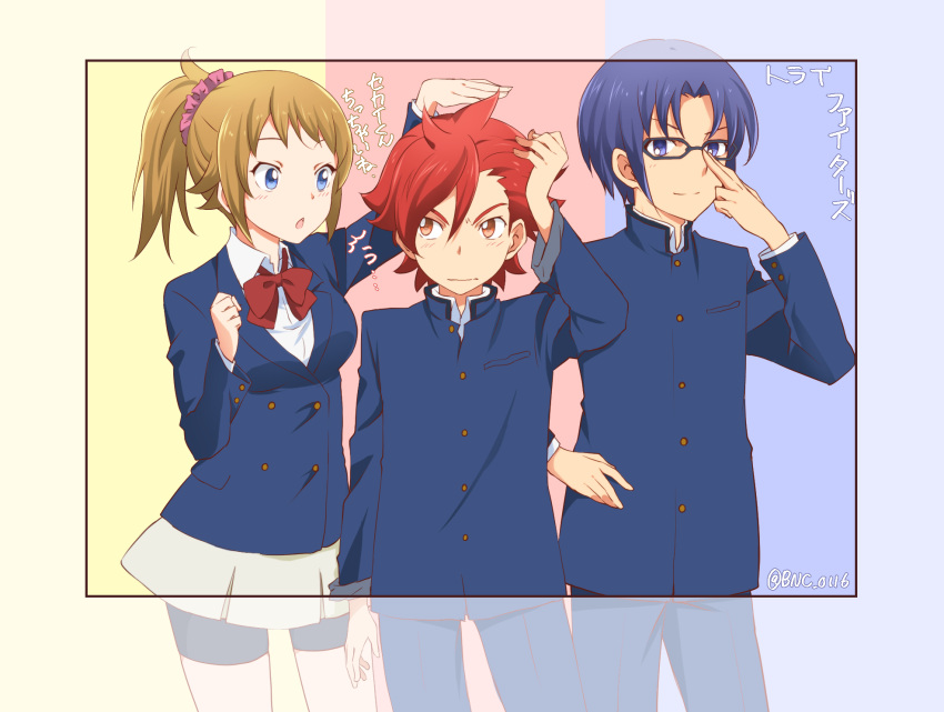1girl, 2boys, banchii, bike_shorts, blue_eyes, blue_hair, brown_hair, gakuran